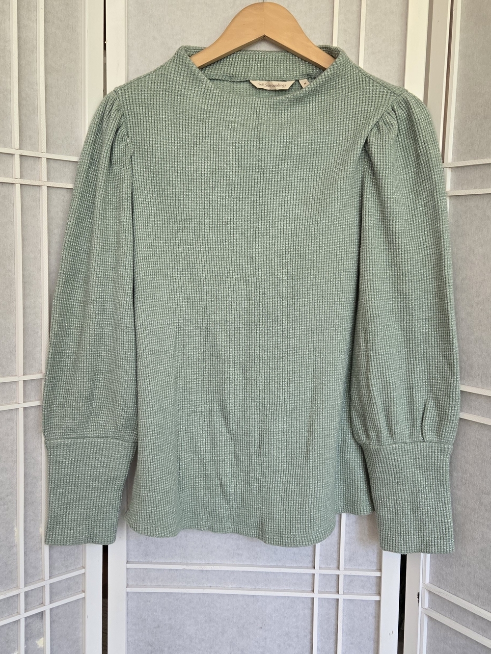 NWOT ! Soft Surroundings Mint Green Waffle Knit Puff Sleeve Top